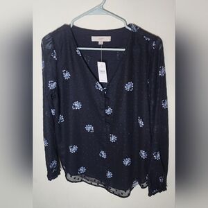 LOFT Dark Blue Blouse with Light Blue Floral Pattern